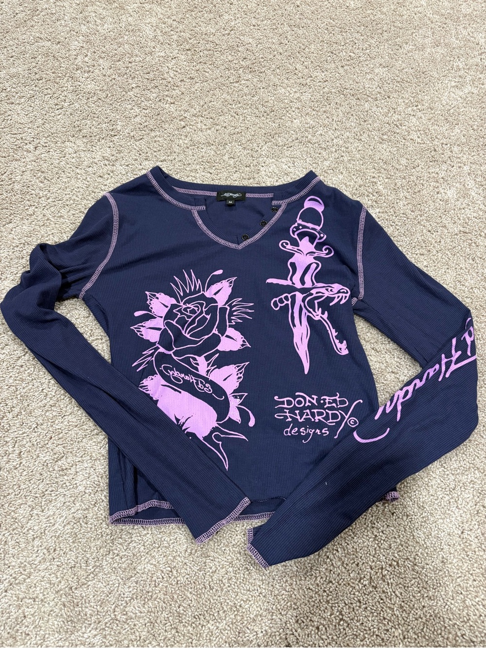 Ed Hardy Navy & Pink Graphic Long Sleeve Tee